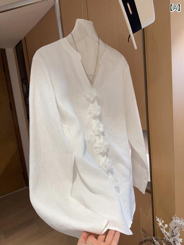 プルオーバー 亭主もち用 トップス 麻 長袖 Vのど首 白いこと 花柄 うつり変わり 立体 修身型 分かりやすい 御前上等感 秋冬 普段使い走り 軽さ 吸湿速乾