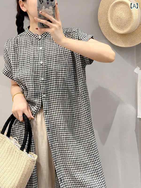 衣装 お上さん用 麻 透かし彫り 半袖 立領 ロング丈 ゆったり 黒白 ベージュ 日常 春夏