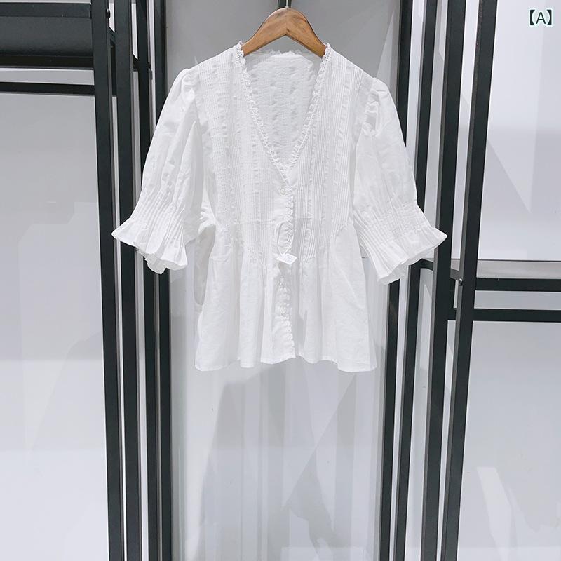 レディース プルオーバー トップス 春夏 麻 綿 麻混 純色 深Vのど首 半袖 泡泡袖 ゆったり ゆったり影ぼうし 自然的 分かりやすい 自然的色つや 黒いこと 白いこと トップ