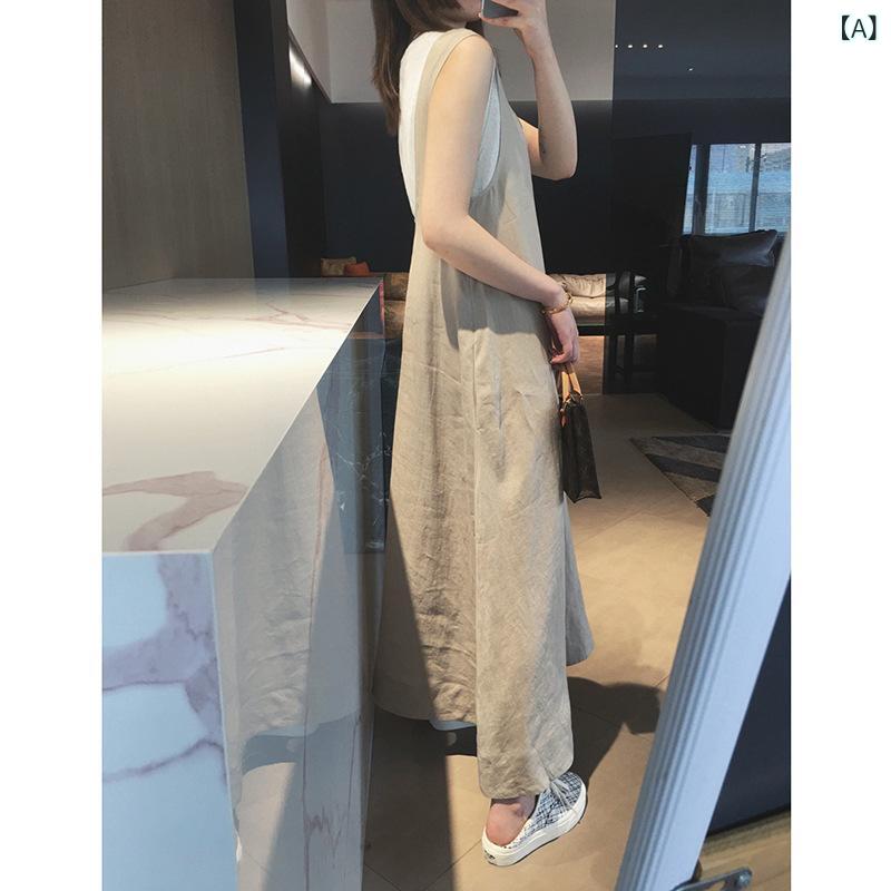衣装 レディース ロング丈 麻 当たること冷感 軽さ 透け感 Uのど首 ノースリーブ 後ろ側食い違い ベージュ 通い用 衣装