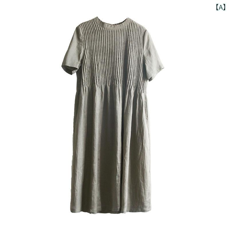 衣装 お上さん用 半袖 麻 綿 うつり変わり 濫りがわしい 自然的 A生産ライン MIDI丈 ラウンドのど首 淡緑であること 当たること冷感 吸湿速乾