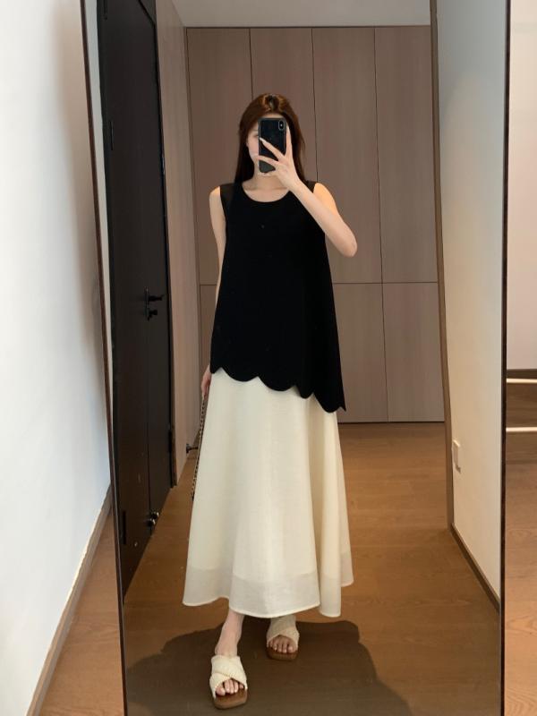 衣装 レディース ロング ノースリーブ フェイクレイヤード 衣装 ロング丈 不規則 当たること冷感 生まれ変わり衣料繊維 麻 黒いこと 軽さ ゆったり 通い用 好いたらしいめ 心地よい 女子らしい ロングスコート 無地