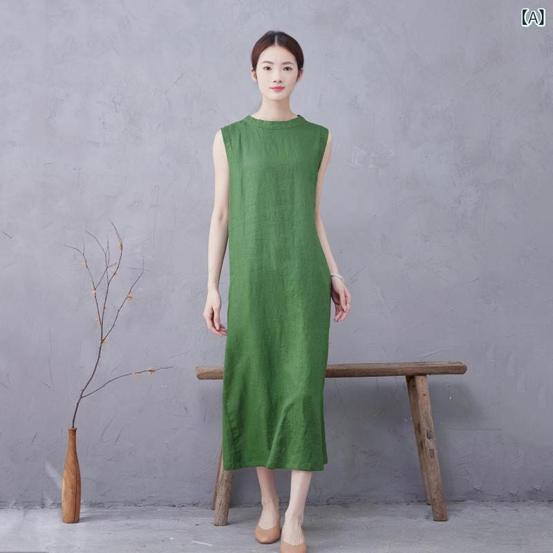 ワンピース レディース 麻 背心 ノースリーブ 長め Aライン 半ハイネック ボタン グリーン 清新 森ガール 軽量 ゆったり 天然素材 無地 シンプル｜Fun Time Market