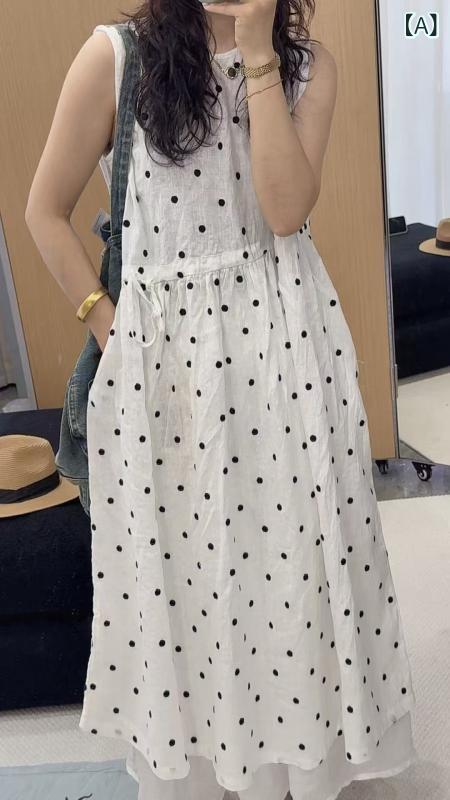 衣装 成人女性用 春夏 麻 波点 刺しゅう うつり変わり ゆったり A伝達ルート ノースリーブ ラウンド素っ首 ロング丈 衣装 象牙色 黒いこと 自然的 赤いこと 普段使い走り 飛び切り感