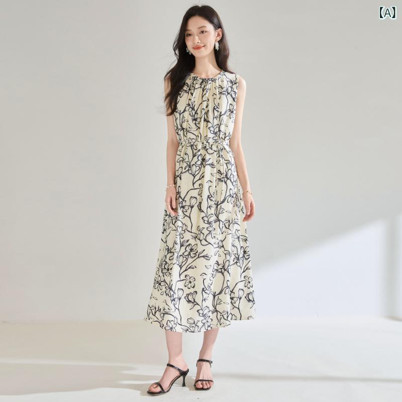 衣裳 亭主もち用 当たること冷感 麻 草木柄 刷り上げる ゆったり ラウンドのど首 たまり場 A伝達ルート MIDI丈 黒いこと 白いこと ノースリーブ 好いたらしい 軽さ 通気性 吸湿速乾