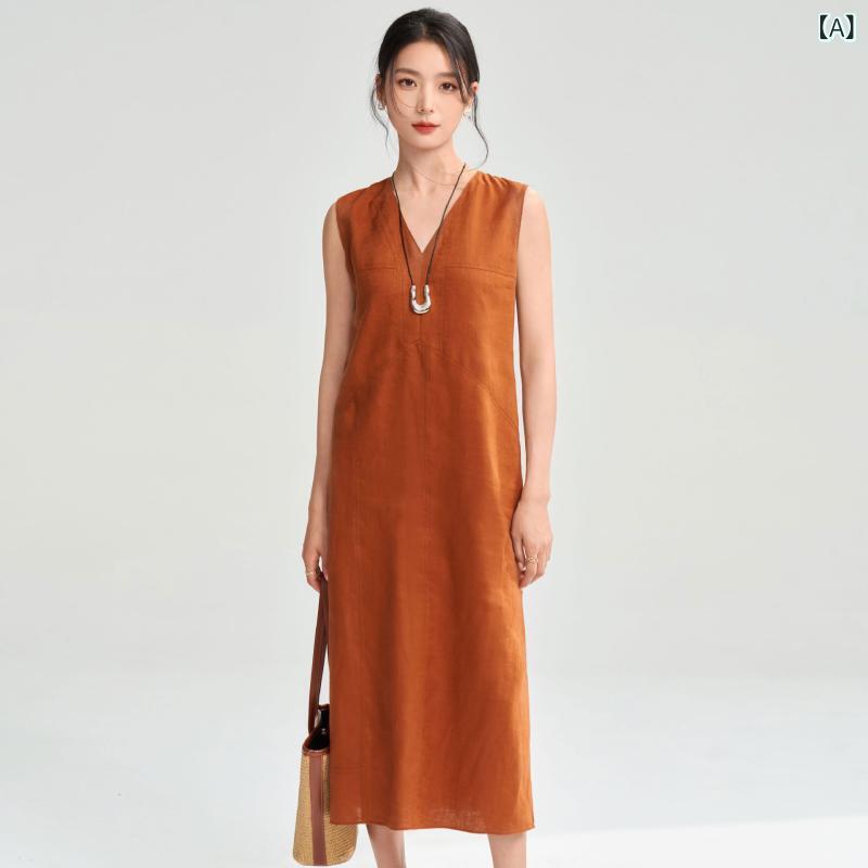 衣装 レディース 麻 当たること冷感 通気性 Vのど首 ノースリーブ A生産ライン MIDI丈 分かりやすい 麗しさ ゆったり 通い 日常 オレンジ色