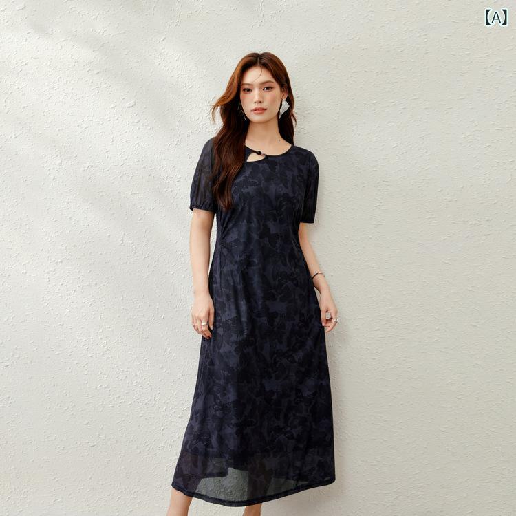 衣装 レディース 瀬戸もの風 青写真 筋目 軽さ か細い A生産ライン ポリエステル 花柄 透かし 黒 MIDI丈 五分袖 丸首 通い ゆったり 気が大きい大きさ