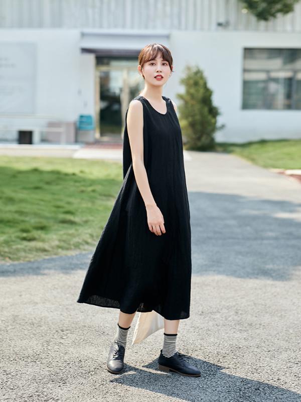 衣装 お上さん用 春夏 黒 麻 綿 当たること冷感 ロング丈 A生産ライン ゆったり ノースリーブ ラウンドのど首 衣嚢付き添い人 麻衣装 麻原料品 ロング衣装