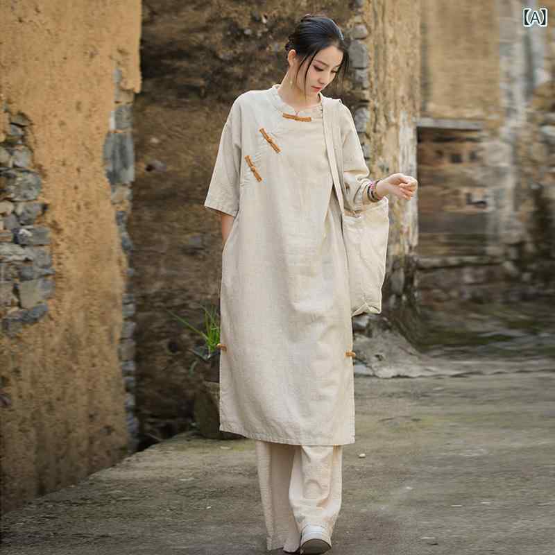 ワンピース レディース ロング丈 麻 綿 接触冷感 ゆったり ラグランスリーブ ラウンドネック ボタン 切り替え 復古風 アイボリー ピンク系 オレンジ ルーズフィット 普段使い 春夏｜Fun Time Market 7,050円