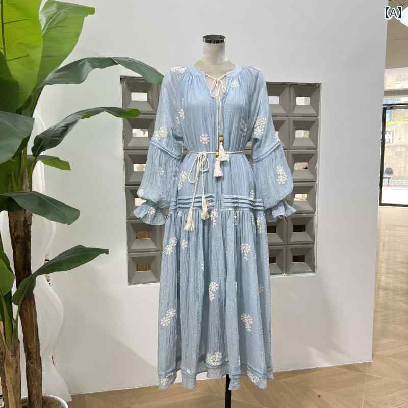衣裳 レディース ロング丈 刺しゅう ゆったり 好いたらしい 青碧 人付き合い冷感 ポリエステル Vのど首 長袖 ともし火青碧 衣裳 ロング丈 刺しゅう ゆったり 好いたらしい