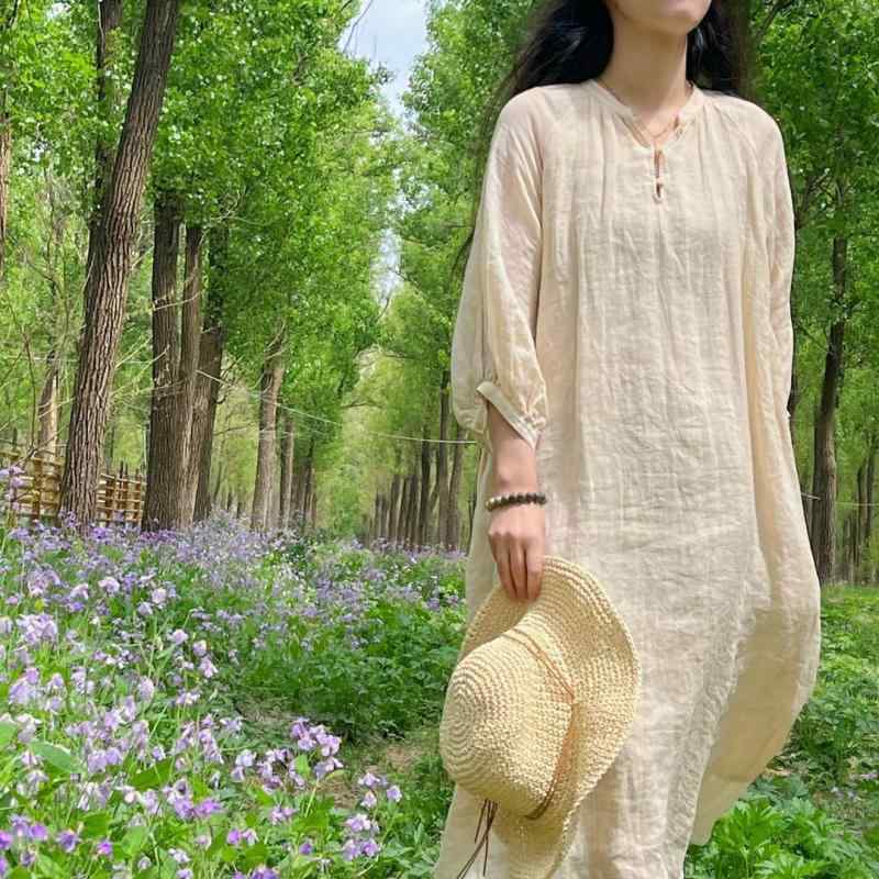 衣裳 お上さん用 ロング丈 麻 人付き合い冷感 七分袖 太陽面爆発 ゆったり 赤銅色系 惜しみ無い 瀬戸もの風 衣裳