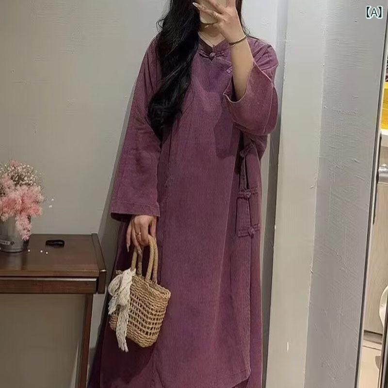 衣装 成人女性用 長袖 長裙 A伝達ルート ラベンダー 黄色 赤銅色 麻 ルーズフィット ラウンド素っ首 うつり変わり 禅表現スタイル 自然的 ゆったり 当たること冷感 普段使い走り 通年