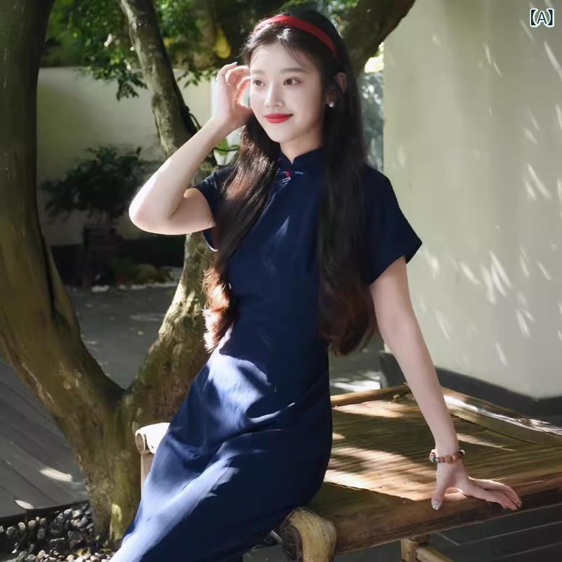 衣裳 お上さん用 ロング 瀬戸もの御召しもの 立領 ノースリーブ 深青碧 人付き合い冷感 伸縮性 生まれ変わり衣料繊維 文?返り咲き 普段使い走り 御膳上等感 春夏 秋