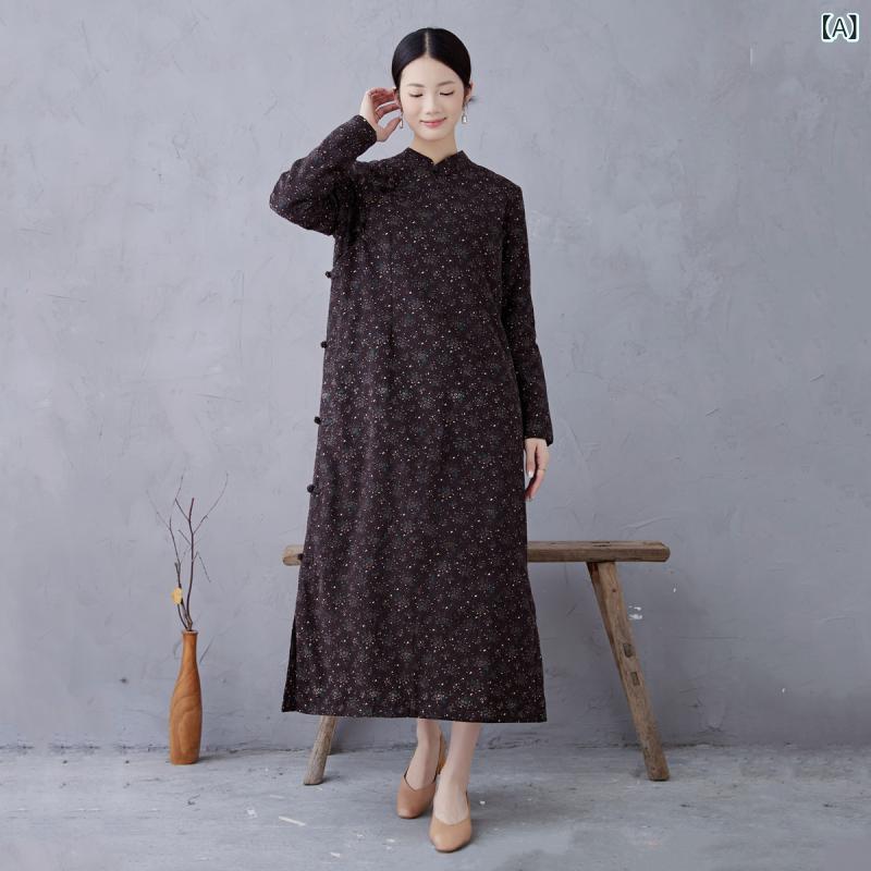 瀬戸ものお召しもの お上さん用 ロング 綿織物 綿 長袖 立領 斜襟 ロング丈 古典派音楽 返り咲き 刷り上げる ゆったり ビッグ影ぼうし 黒いこと 赤銅色 御前上等感 秋冬 普段使い