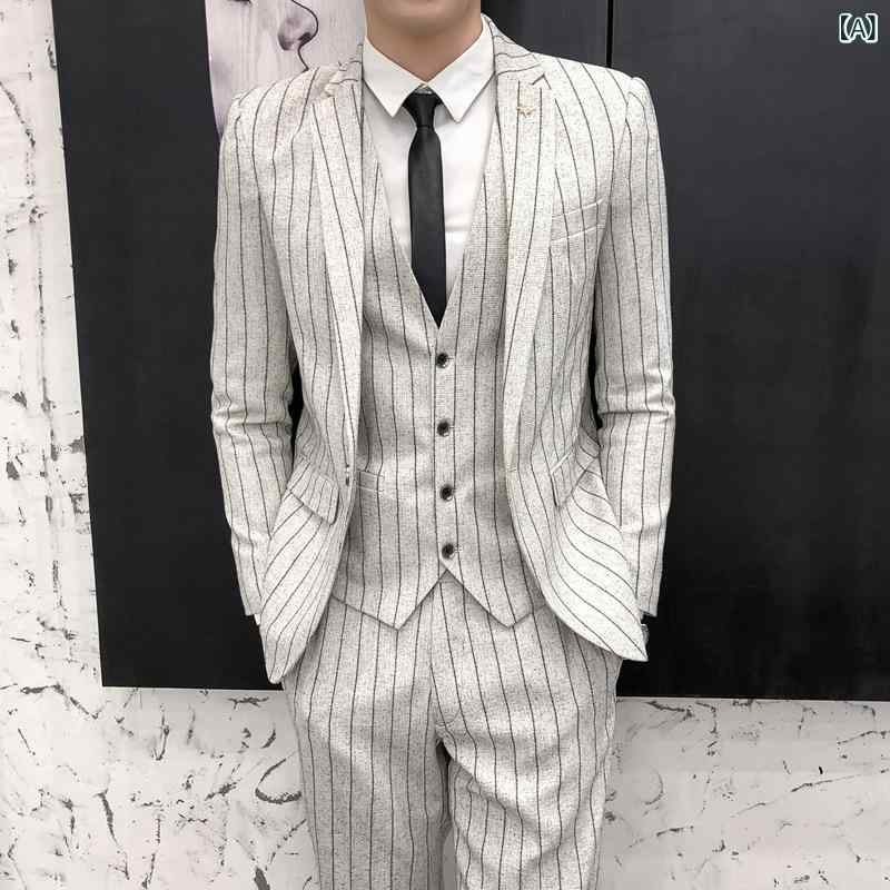 背広 成人男性用 麻 綿混紡 縞模様 上衣 より良い ズボン下 3点仕掛ける 商行為 修身 春 点火装置薄墨色 黒いこと 青色