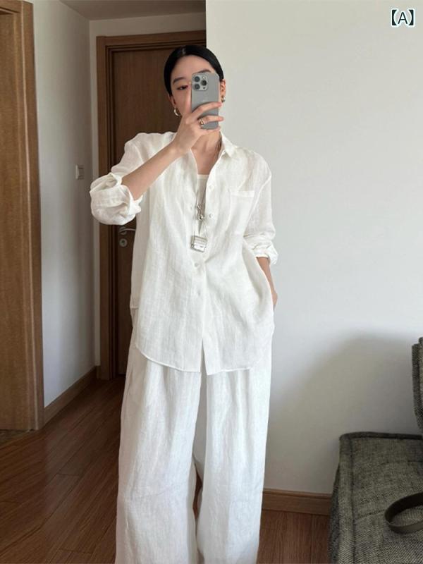 レディース セットアップ 麻 長袖 プルオーバー 広広としたズボン下 白 春夏 上品さ 日常 軽さ 通い用