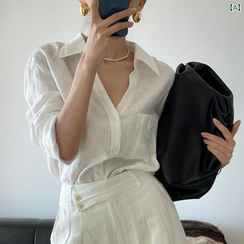 レディース 春夏 セットアップ 麻 長袖プルオーバー 長ズボン 広広としたズボン下 分かりやすい 軽さ ゆったり 象牙色 ベージュ