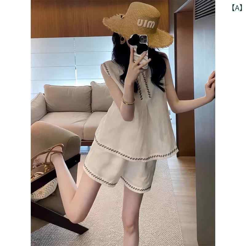 レディース セットアップ 麻 綿 無袖 プルオーバー さる股引き 白いこと 当たること冷感 吸湿速乾 軽さ 春夏 2点書き割り トップス ボトムス 好いたらしい 日常使い走り