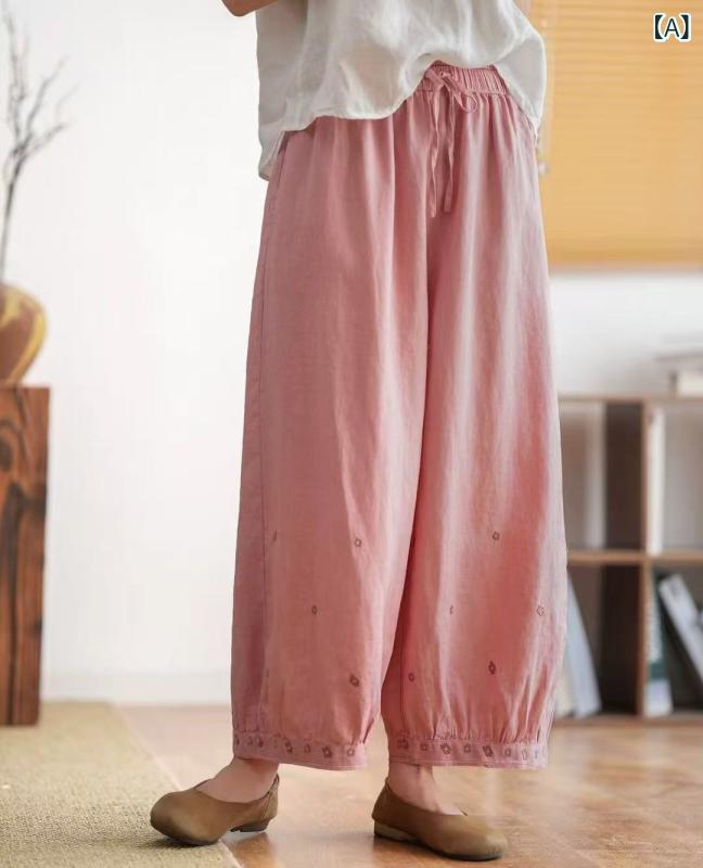 レディース 春夏 広広としたズボン下 リネン 刺しゅう 濫りがわしい ゆったり 酉の方角天然ゴム 九分丈 ゆったり影ぼうし 麻 麻原料品 自然的 ゆったり填まる 象牙色 黒いこと