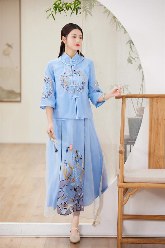 唐装 女性用 トップス 外套 五分袖 中華風 刺繍 花柄 ポリエステル 白色 ブルー セットアップ スカート 膝下丈 国風 レトロ 高級感 軽量 伸縮性 吸湿速乾 春夏 ゆったり｜Fun Time Market