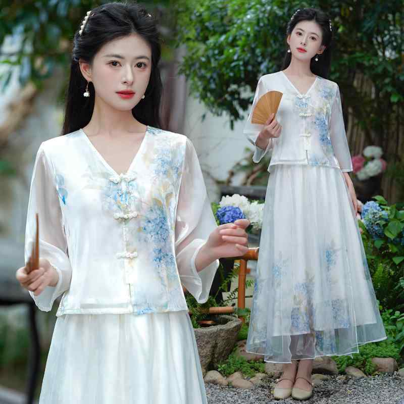衣裳 お上さん用 中国風 組みかえる漢服 セットアップ 禅風 茶道服 半袖 3D柄 ポリエステル 人付き合い冷感 吸湿速乾 通年 遊撃手丈 立体柄 半スコート(x3)