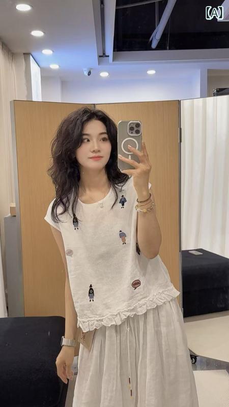 Tシャツ 女性用 麻 刺繍 丸首 ノースリーブ ゆったり 刺繍 刺繍柄 ゆったり 軽量 接触冷感 吸湿速乾 ブラック ホワイト 日常 トップス 女性用 麻 刺繍 丸首 ノースリーブ ゆったり 刺繍 刺繍柄 ゆったり 軽量 接触冷感 吸湿速乾 ブラック ホ｜Fun Time Market