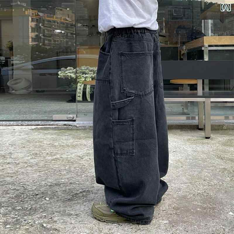 メンズ 春夏 デニムパンツ 男性用 ジーンズ ワイドパンツ ゆったり ストレート ロングパンツ ジーンズ 綿 ブラック ブルー ポケット 日常 軽量|Fun Time Market