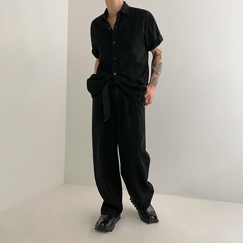 シャツ 男性用 半袖 春夏 綿麻 ゆったり 韓国風 シンプル ブラック 五分袖 日常用|Fun Time Market