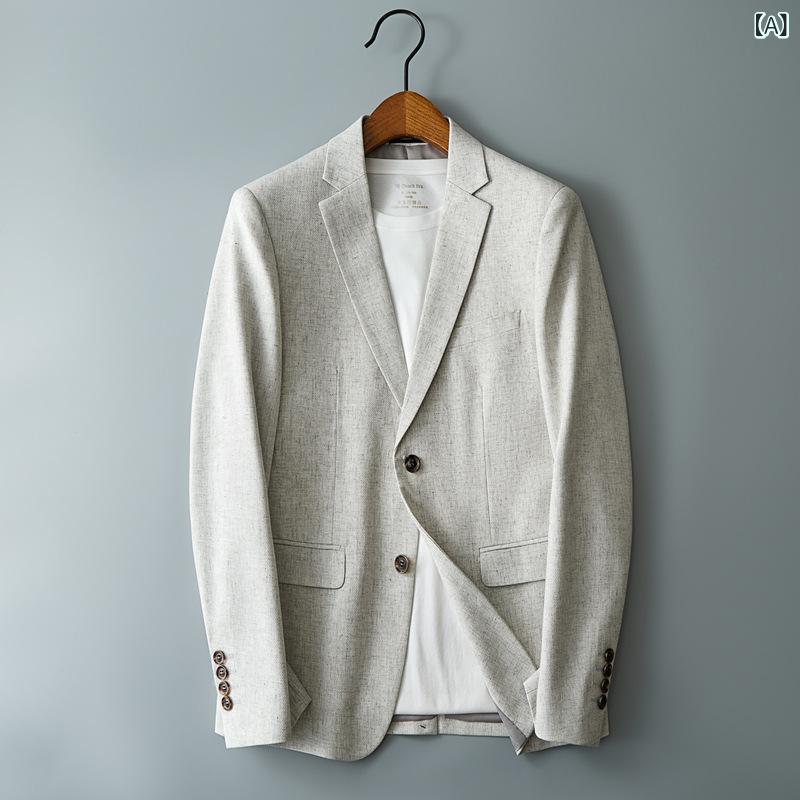メンズ 上衣 メンズ上衣 成人男性用 成人男性服 スポーツジャケット 小西服 麻混 ポリエステル 吸湿速乾 軽さ 透気 つら構え思い起こす 歳月 長袖 シングル 2つ名取り草 白いこと薄墨色 青碧 カーキ