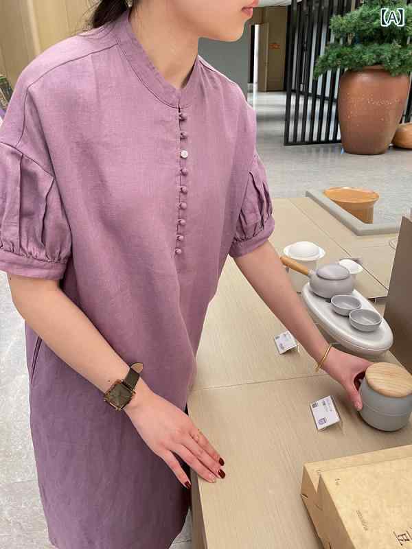 ワンピース 女性用 春夏 麻 立領 切り替え ワンピース ライトパープル ライトブルー ゆったり 半袖 通勤|Fun Time Market