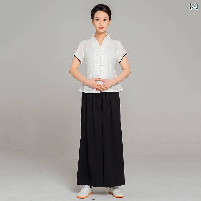 太極服 レディース 半袖 対襟 琵琶扣 麻 返り咲き セットアップ 亭主もち用 トップス ボトムス 白いこと 当たること冷感 軽さ 普段使い