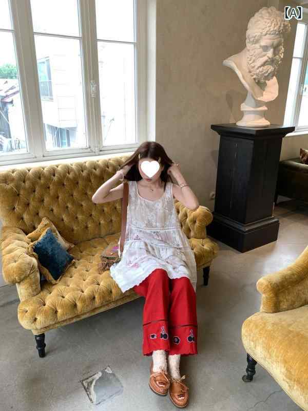 レディース ロングズボン下 麻 刺しゅう ゆったり 隠し付き添い人 当たること冷感 春夏 赤 白 好いたらしい 軽さ 通い