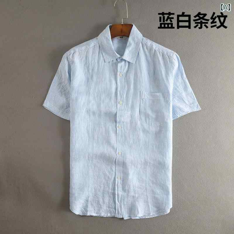 プルオーバー 成人男性用 半袖 日系 分かりやすい 麻 トップス 日常 休間 真四角色つや 青碧白いこと 縞模様 ゆったり 薄っぺら 通気性 砂洗 隠し 麻96%(x2)