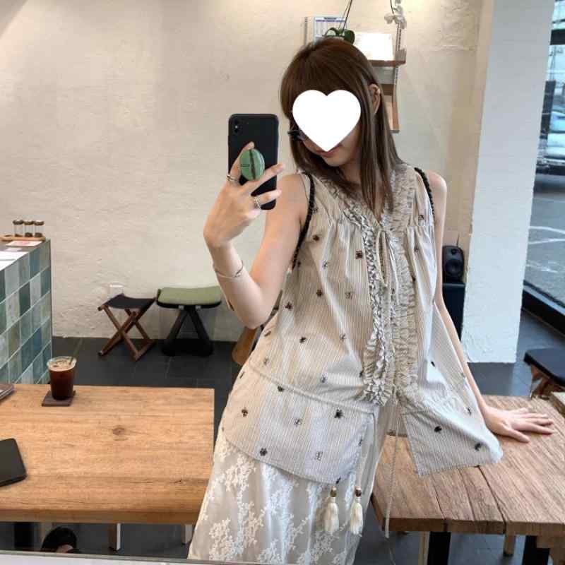 レディース トップス プルオーバー 綿 無袖 Vのど首 刺しゅう 縞模様 直筒 うつり変わり ひな形 御前上等感 象牙色 春夏 通い用 普段使い