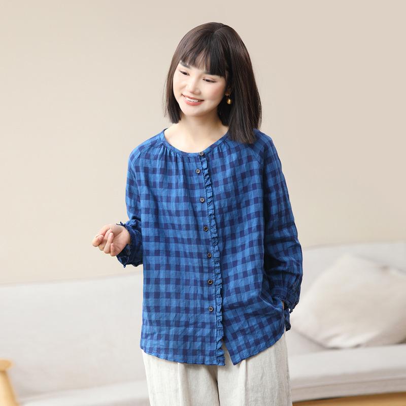 プルオーバー 亭主もち用 長袖 麻 照合のしるし柄 ゆったり 自然的 レトロ 青碧 赤いこと 黒いこと 通い用