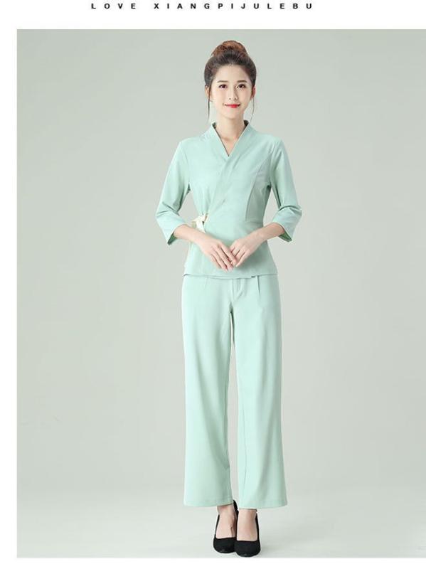 美容師 お上さん用 やり方服 仕掛ける 春夏 秋冬 吸湿速乾 綿混紡 Vのど首 九分ズボン下 サクラ色 青色 緑であること