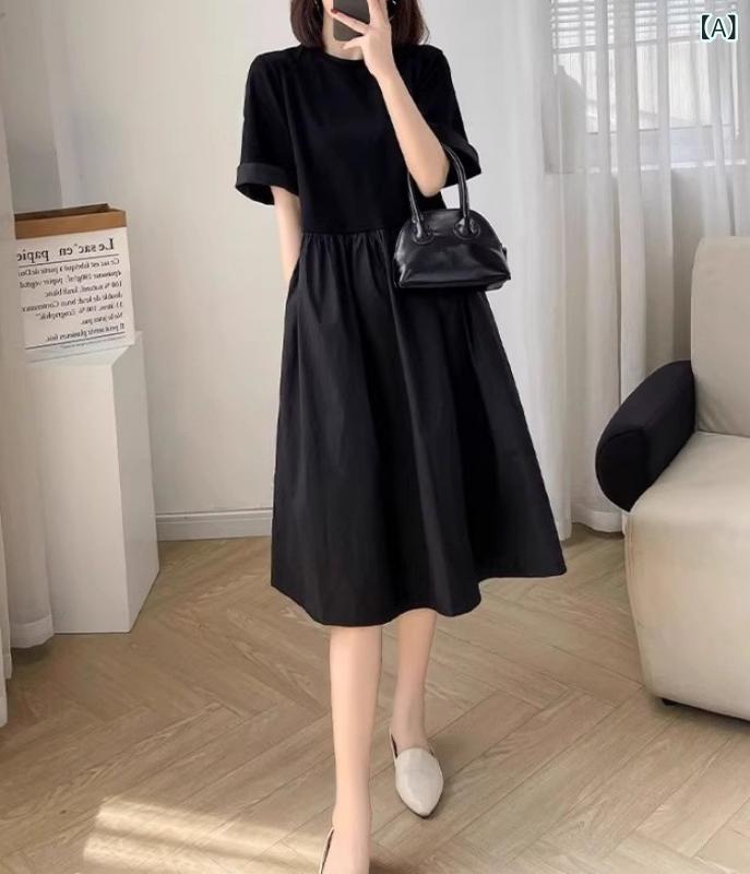 衣装 レディース 黒 半袖 永遠の都綿 A生産ライン うつり変わり ゆったり ゆったり大きさ 綿混 分かりやすい デイリー 会う約束 円領 ミモレ丈 黒衣装