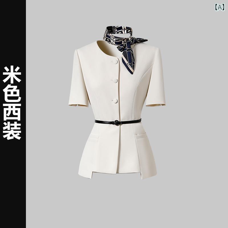 女性用 ビジネススーツ 事務服 半袖 ジャケット ミルクホワイト ライトグレー ネイビー ポリエステル ワイドパンツ タイトスカート 高級感 事務 オフィス 受付 美容院 制服 セットアップ 半袖ジャケット|Fun Time Market