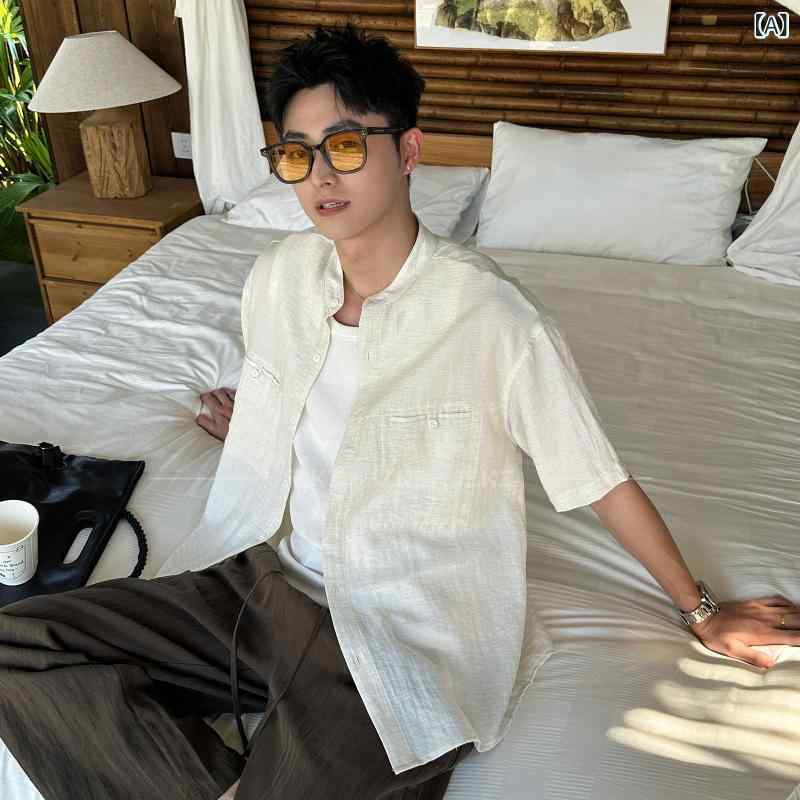 メンズ プルオーバー トップス 半袖 短袖 麻 麻 当たること冷感 吸湿速乾 軽さ 薄っぺら ゆったり 影ぼうし 立ち襟 無地 分かりやすい 象牙色 ペパーミント 黒いこと 春夏 夏 普段使い走り 日常 公休日 心地よい