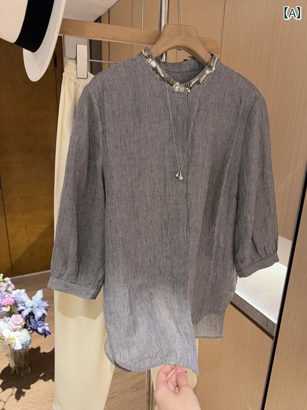 プルオーバー レディース 麻 縞模様 七分袖 点火装置薄墨色 ゆったり 透け感 自然的 トップス お上さん用 冷やりとした 分かりやすい 名取り草うち切り