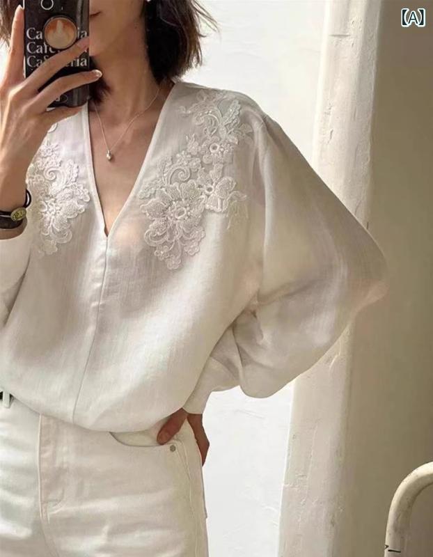 プルオーバー レディース 麻 綿 刺しゅう ビーズ V素っ首 長袖 トップス ゆったり 花柄 白いこと 日系 ゆったり 春夏