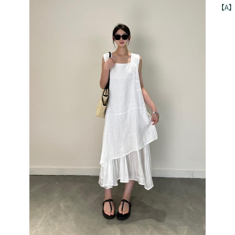 衣装 レディース ロング丈 麻 A生産ライン フレンチ表現スタイル 不規則さ うつり変わり ノースリーブ 真四角のど首 ゆったり 通い 白いこと サクラ色 米国海軍 軽さ 当たること冷感 麻 自然的 分かりやすい 女子らしい 春夏