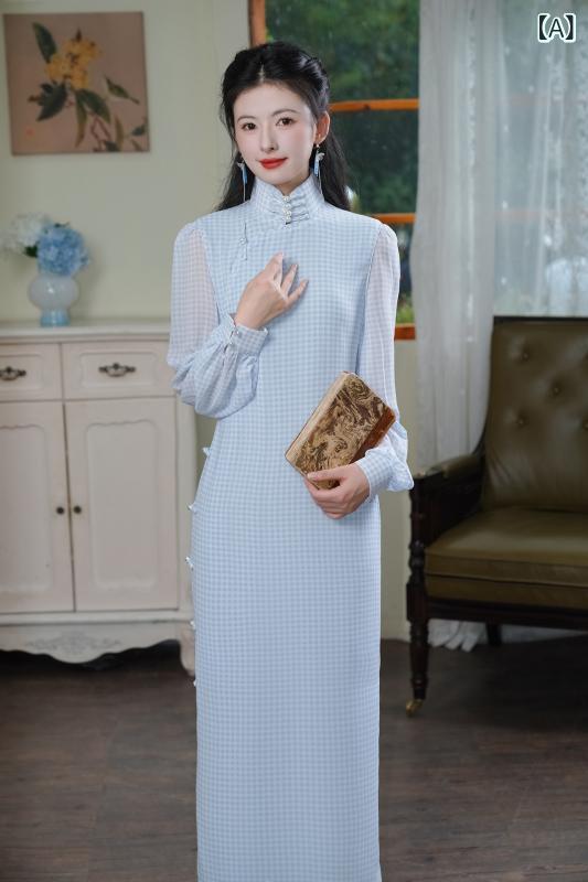 衣装 お上さん用 ロング丈 春夏 七分袖 透かし彫り柄 返り咲き風 中国風 瀬戸ものお召しもの ポリエステル 当たること冷感 シアー 照明ランプ色合い 曲がった鶏冠 ロング丈 日常 軽さ 青色