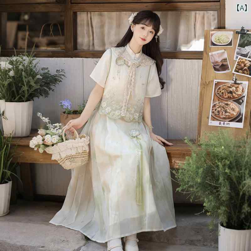 ワンピース 女性用 半袖 漢服 刺繍 ポリエステル 涼しい セットアップ スカート ベスト トップス 襦裙 春夏 軽量 伸縮性 吸湿速乾 高級感 アイボリー ブラック｜Fun Time Market