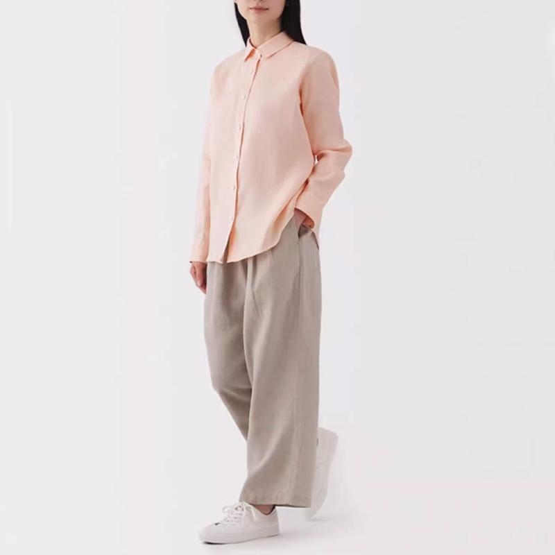 シャツ レディース トップス 長袖 麻 リネン 襟付き 前開き ゆったり 涼しい 羽織り ジャケット アウター 春夏 カジュアル 通勤 オフィス 普段使い 無地 シンプル ストライプ チェック 軽量 通気性 吸湿速乾 ホワイト ピンク グリーン オレンジ｜Fun Time Market