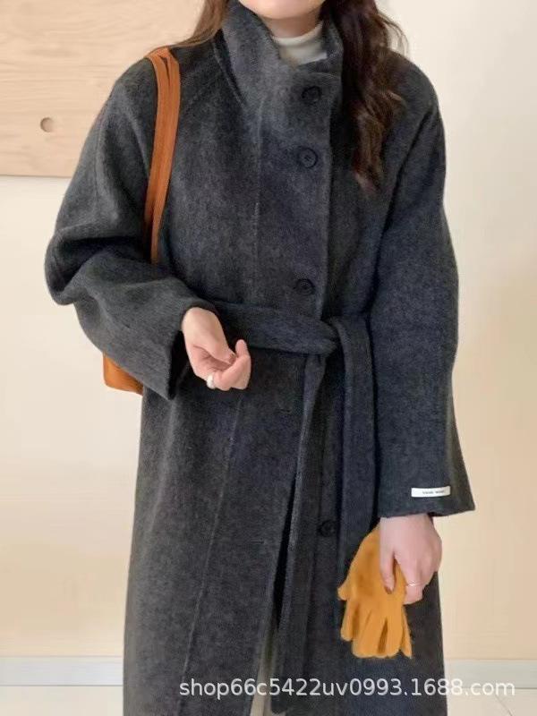 コート レディース アウター ロングコート ステンカラーコート スタンドカラー ダブルフェイス 羊毛 ウール ロング丈 マキシ丈 無地 厚手 暖かい 長袖 ベルト付き ウエストリボン ゆったり ビッグシルエット カジュアル きれいめ フェミニン エレガン|Fun Time Market