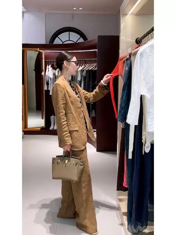 セットアップ レディース 秋 秋冬 長袖 テーラードジャケット ロングパンツ 2点セット 亜麻 リネン混 ・稀色 ブラウン系 アウター ワイドパンツ スーツ カジュアル 事務服 通勤用 ビジネス オフィス 普段使い 上下セット シングルジャケット タックパ|Fun Time Market