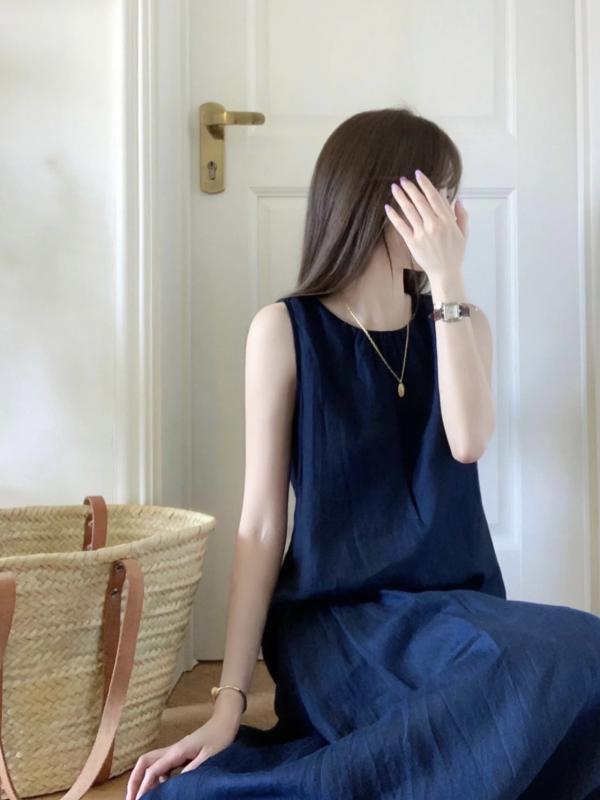 セットアップ レディース カジュアル 春夏 亜麻 リネン ノースリーブ シャツ スカート 2点セット ロングスカート マキシ丈 涼しい 薄手 通気性 混合素材 ゆったり 体型カバー Aライン 着痩せ ブルー 星空ブルー 無地 ナチュラル 森ガール ルーム|Fun Time Market