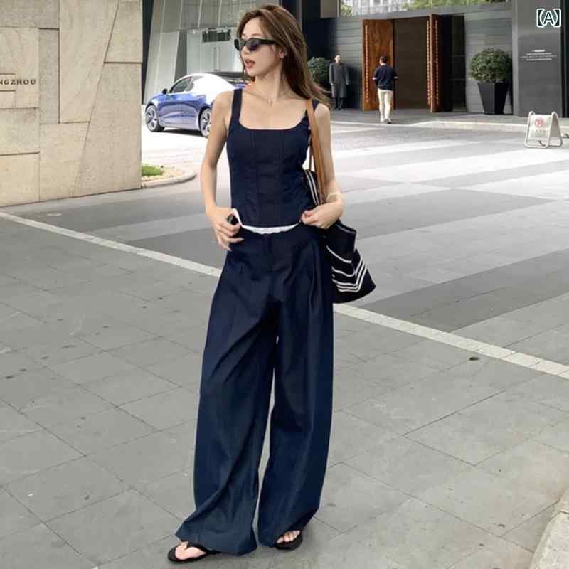 セットアップ レディース 春夏 ノースリーブ ビスチェ キャミソール ワイドパンツ ロングパンツ 2点セット アクリル 切り替え しなやか 柔らか 普段使い 通勤用 通学用 上品 お呼ばれ ネイビーブルー 紺色 フェミニン デイリー｜Fun Time Market