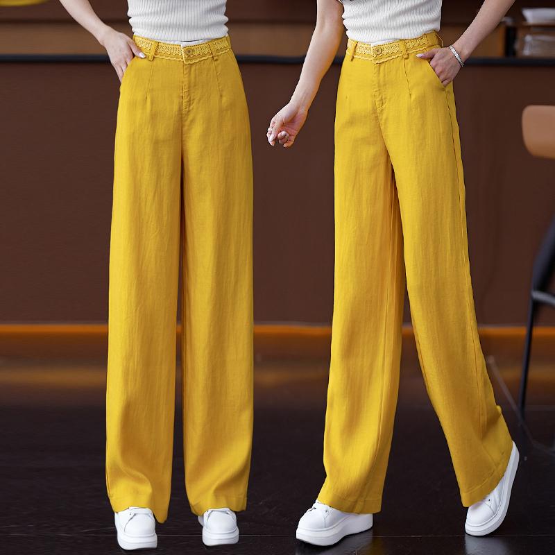 カジュアルパンツ レディース 春夏 ワイドパンツ テンセル リネン 麻混 接触冷感 レース 高腰 ハイウエスト 垂れ感 ゆったり ルーズ ストレート ロング丈 ポケット付き 通勤 普段使い 部屋着 ポリエステル ベージュ ネイビー イエロー 杏色｜Fun Time Market